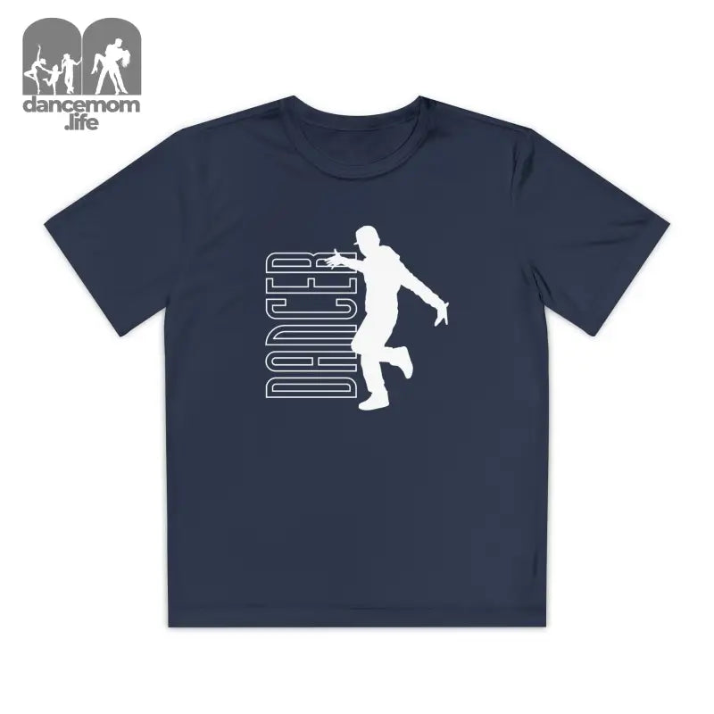 Navy blue t-shirt with a white silhouette design of a running figure and text.