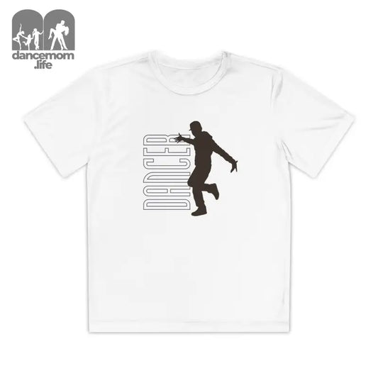 White t-shirt featuring a black silhouette of a person dancing alongside geometric lines.