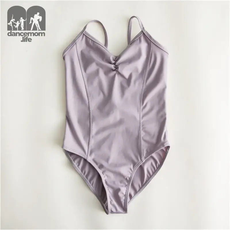 Silvery-lilac satin one-piece swimsuit with thin straps.