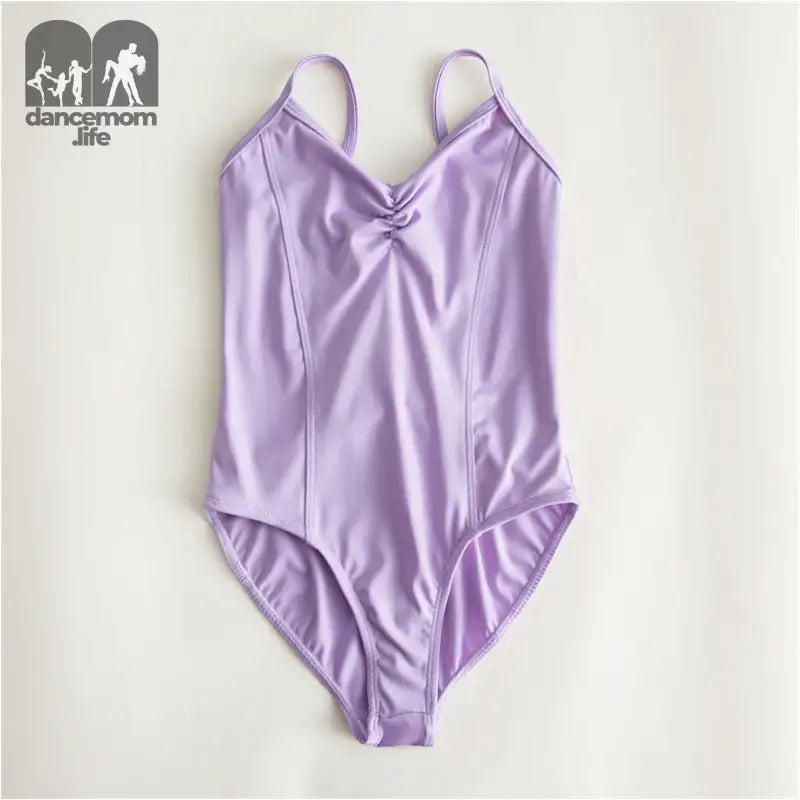 Lavender ballet leotard with thin straps and a gathered front detail.