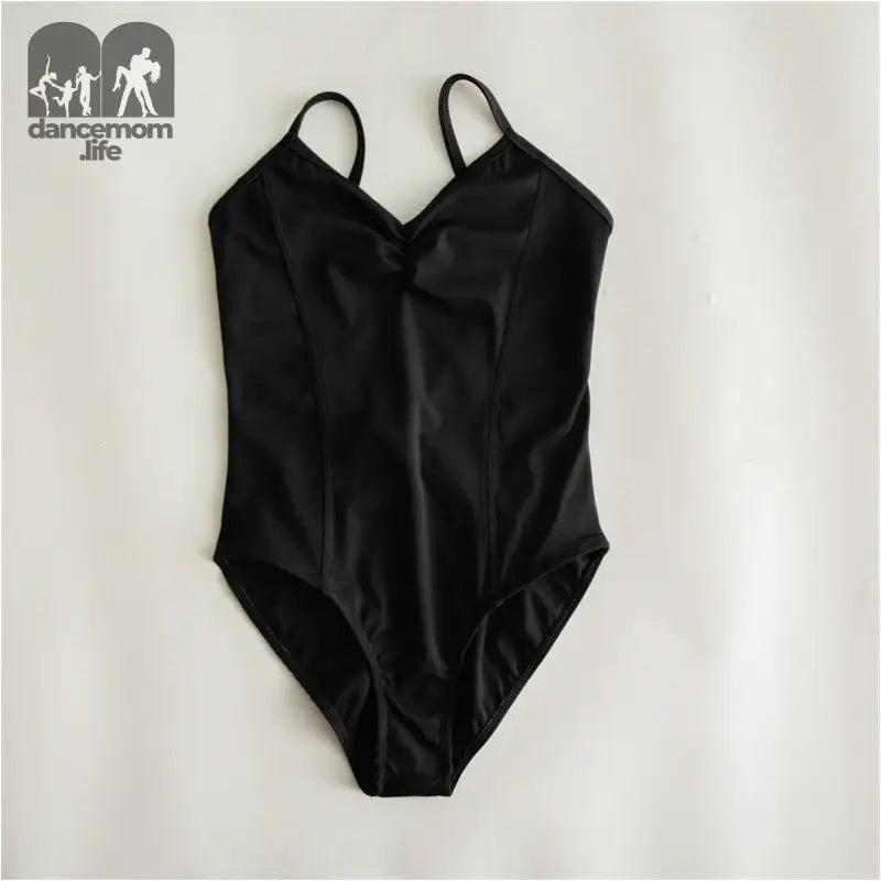 Black one-piece swimsuit with thin shoulder straps.