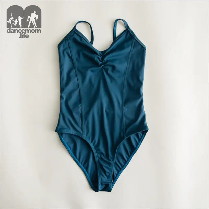 Teal blue one-piece swimsuit with thin straps and a gathered front detail.