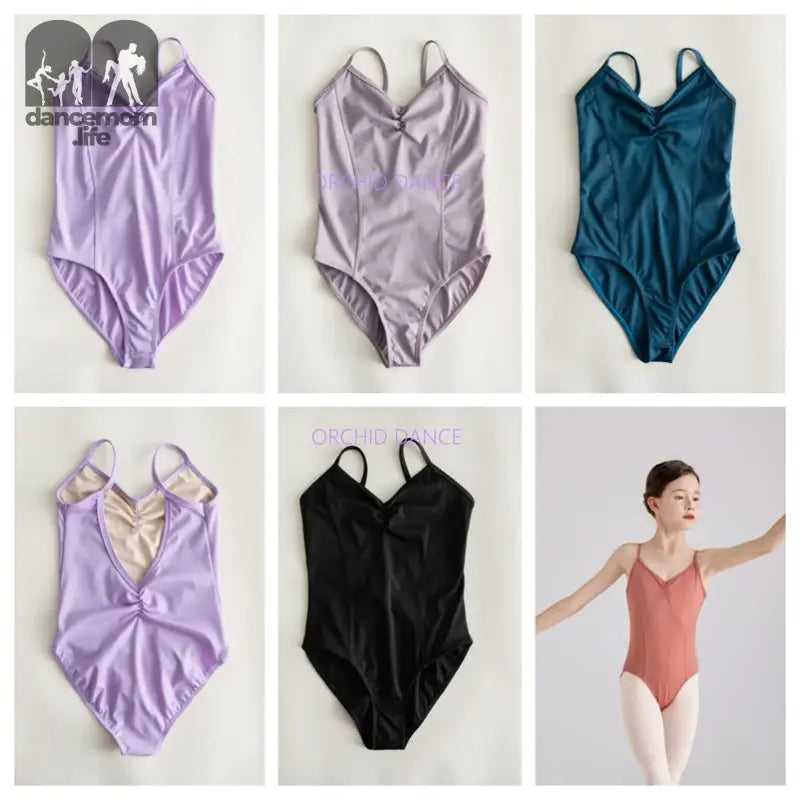 Ballet leotards in various colors including lavender, mauve, teal, and black.