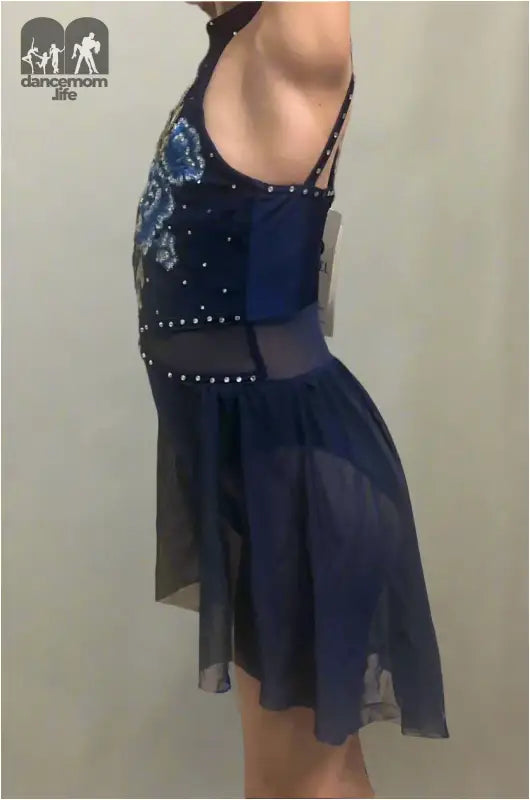 Navy blue figure skating dress with sparkly embellishments and a sheer skirt.