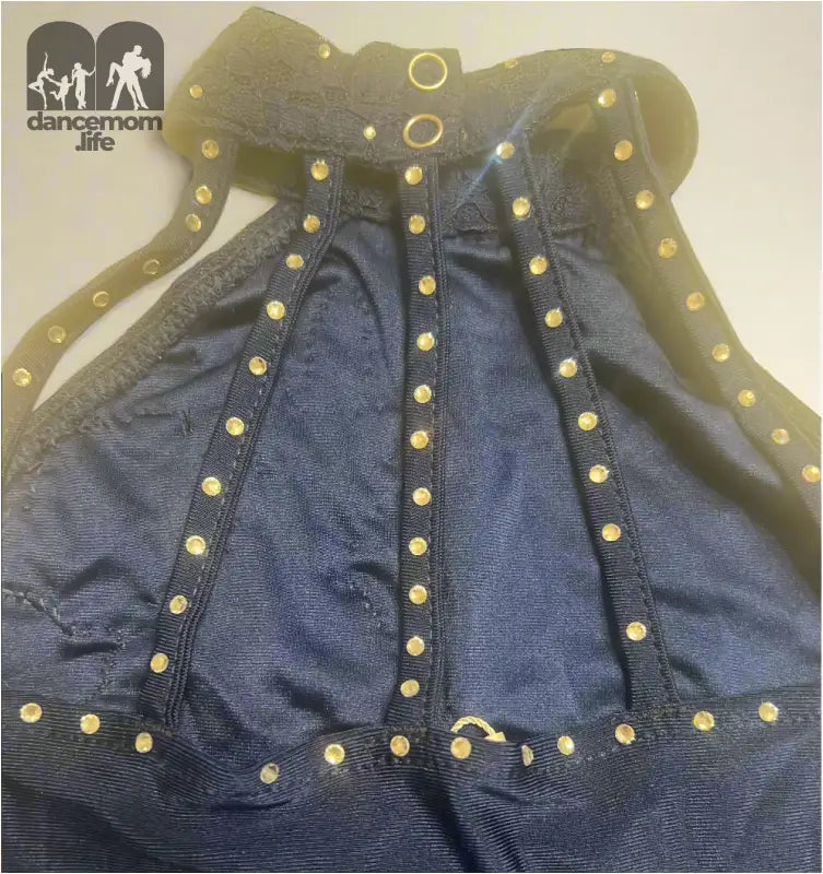 Dog harness with yellow polka dots on a dark blue fabric base.