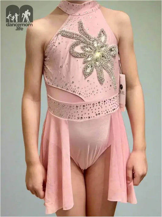 Pink figure skating or dance costume with silver floral embellishments and a halter neckline.