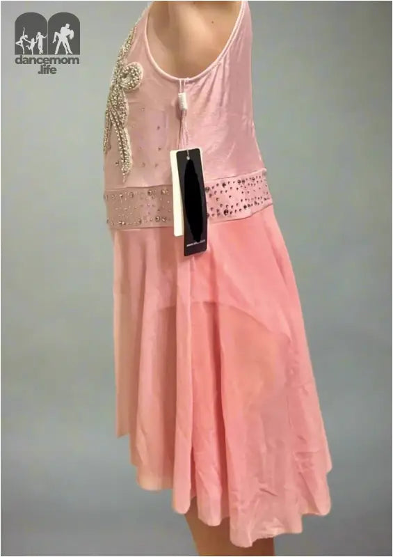 Pink sleeveless dress with lace detailing and a hanging price tag.