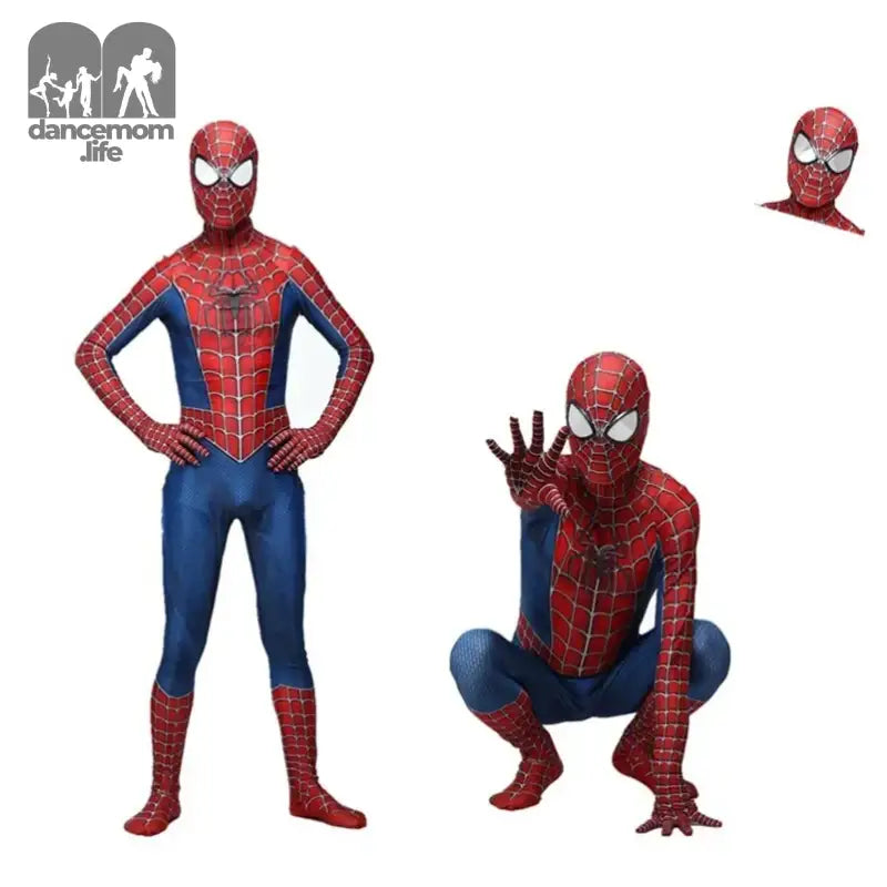 Spider-Man costume featuring red and blue colors with web pattern design.