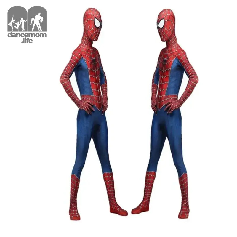 Two identical Spider-Man costumes standing side by side in mirrored poses.