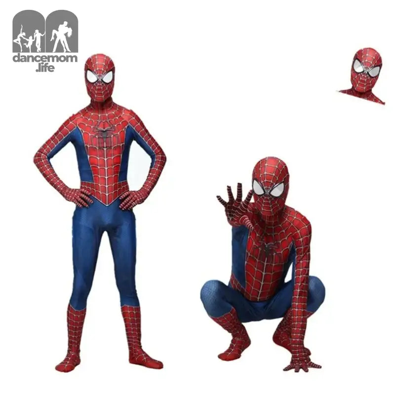 Spider-Man costume in classic red and blue design shown in different poses.