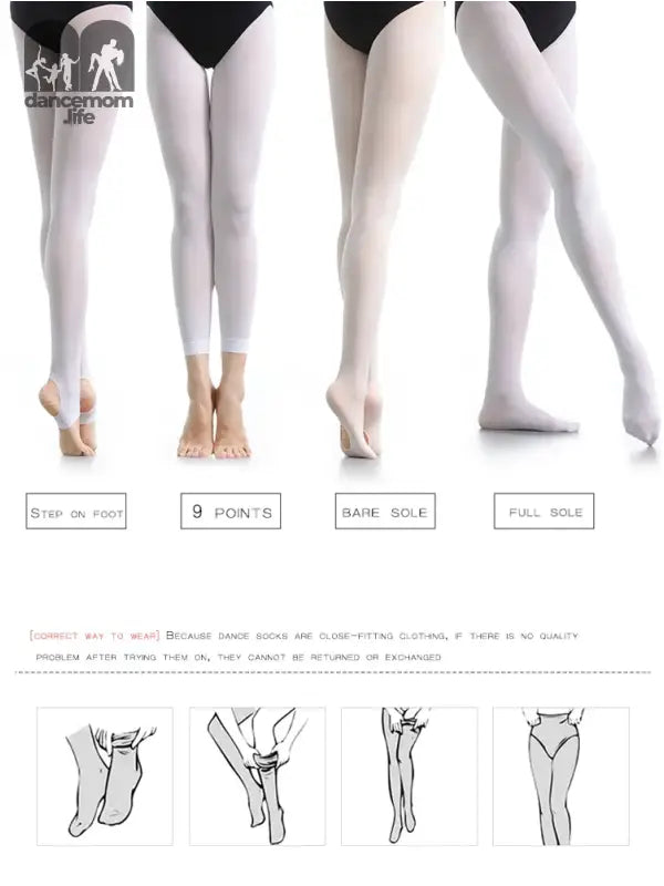 White dance tights shown in different wearing styles and positions.