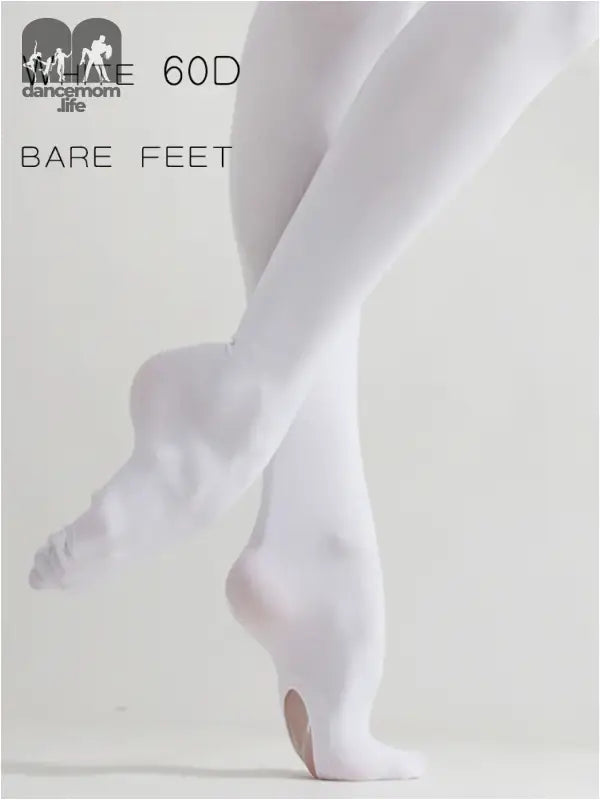 White tights or stockings on bare feet in a pointed ballet-like pose.