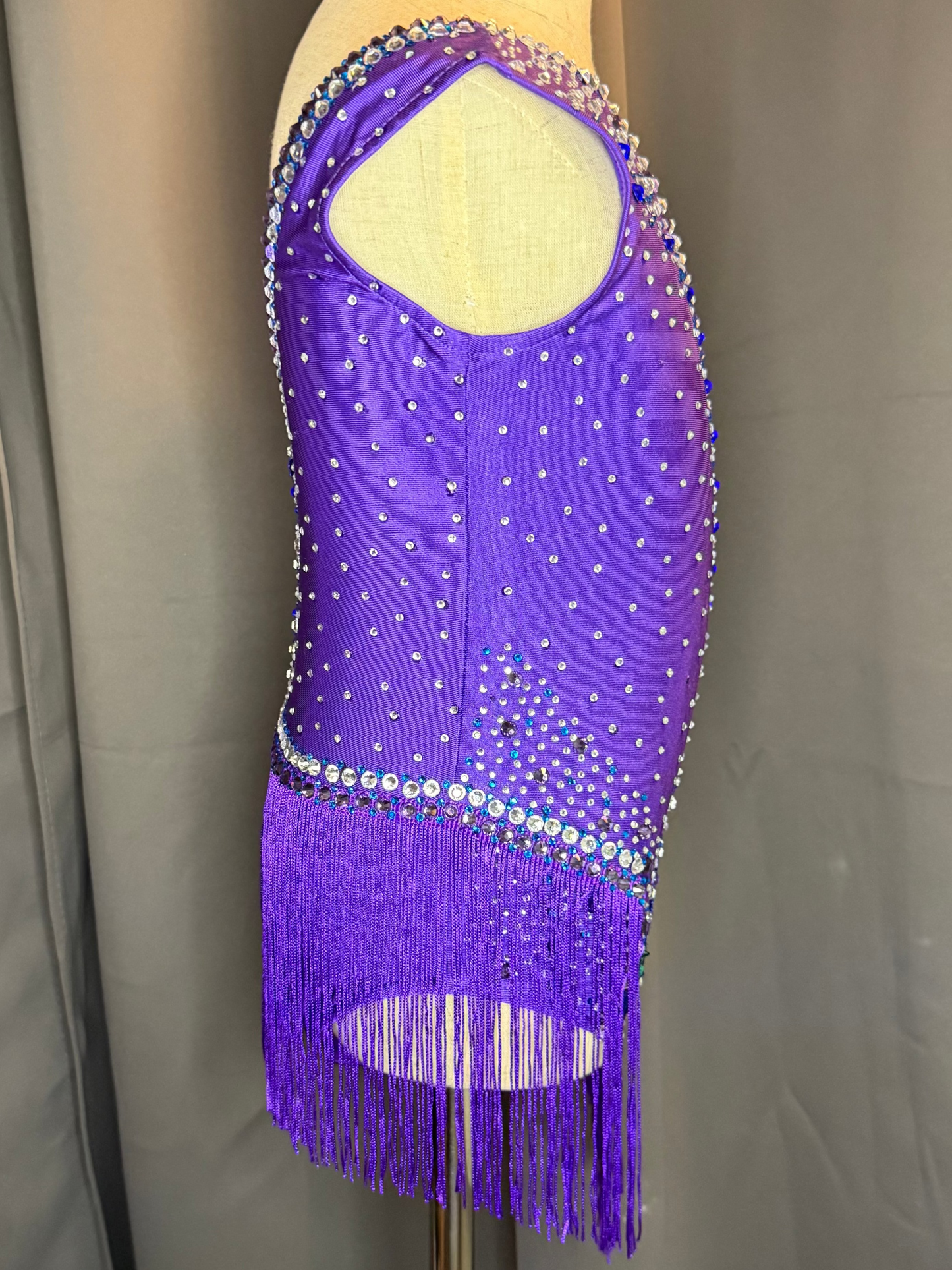 Cosmic Rhythm – Purple Jazz Fringe Dance Costume with Blue & Green Rhinestones and Wing Sequin Appliqué (US 6)