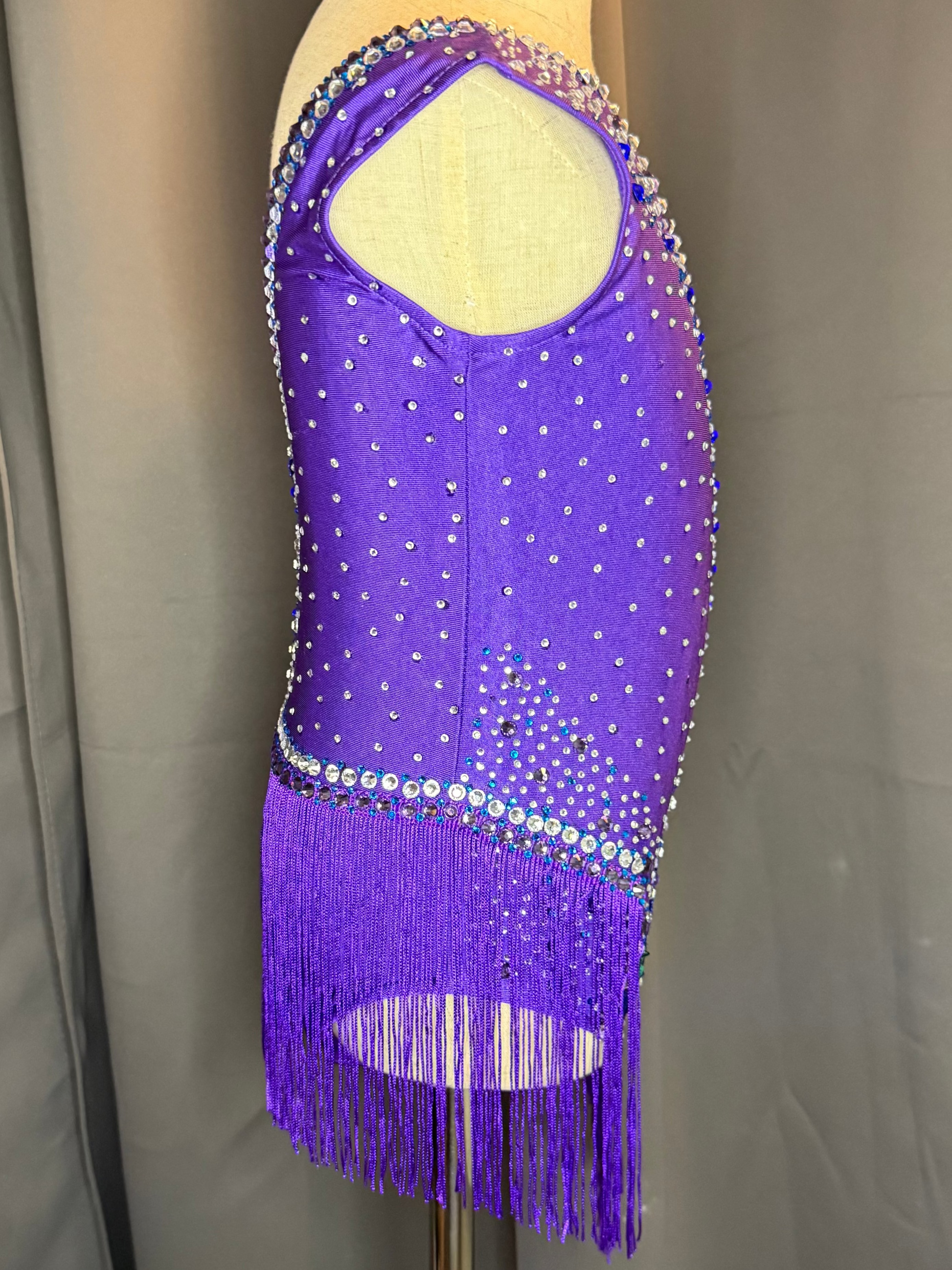Cosmic Rhythm – Purple Jazz Fringe Dance Costume with Blue & Green Rhinestones and Wing Sequin Appliqué (US 6)