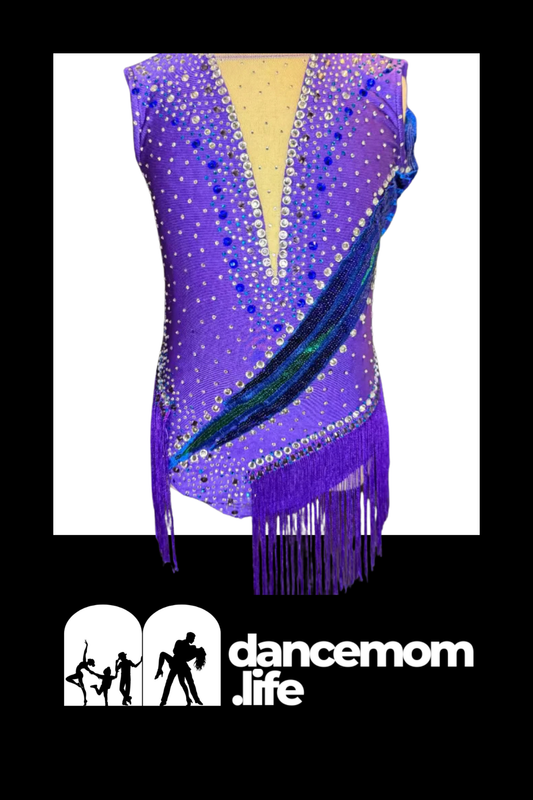 Purple beaded dance leotard with a blue and green diagonal stripe, silver rhinestones along the neckline and sides, and purple fringe at the bottom.