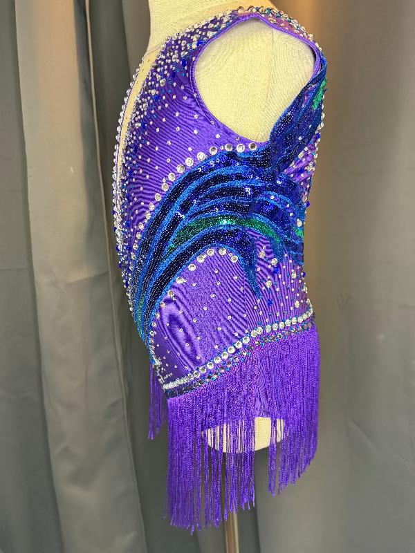 Cosmic Rhythm – Purple Jazz Fringe Dance Costume with Blue & Green Rhinestones and Wing Sequin Appliqué (US 6)