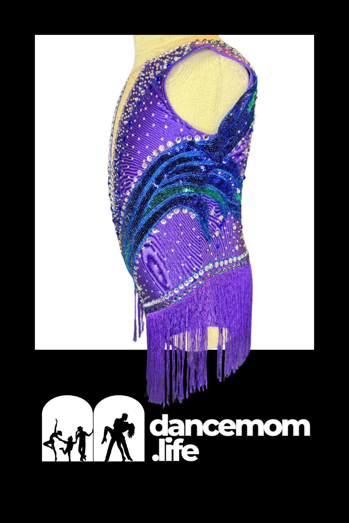 A vibrant purple and blue beaded dance leotard with shimmering sequins, silver rhinestones, and a flowing fringe hem.