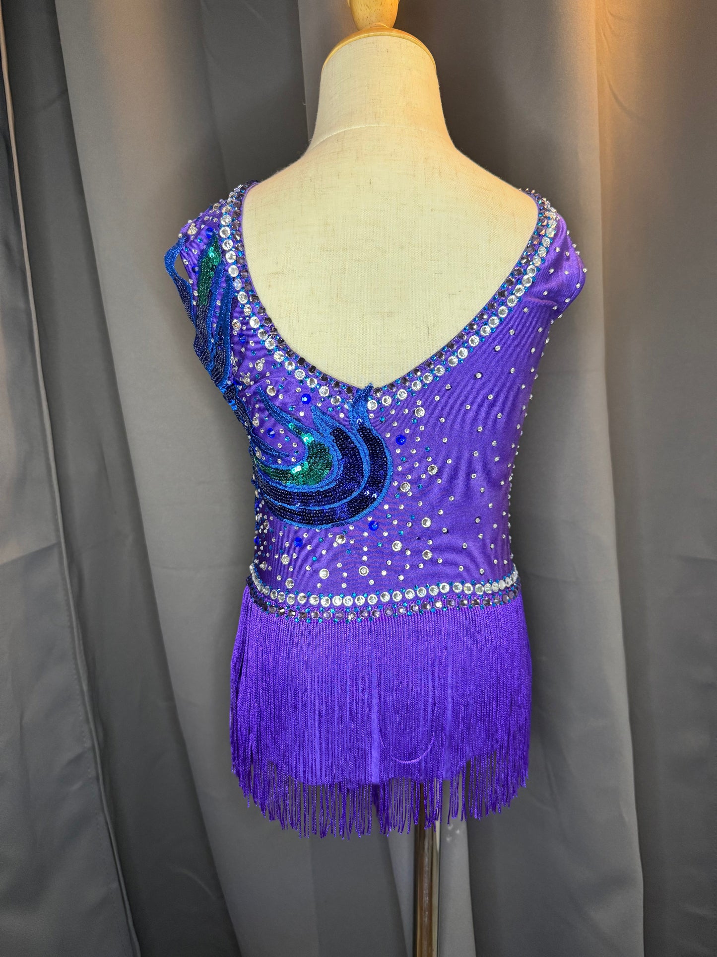 Cosmic Rhythm – Purple Jazz Fringe Dance Costume with Blue & Green Rhinestones and Wing Sequin Appliqué (US 6)