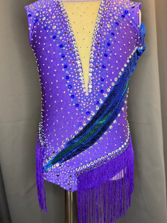 Cosmic Rhythm – Purple Jazz Fringe Dance Costume with Blue & Green Rhinestones and Wing Sequin Appliqué (US 6)