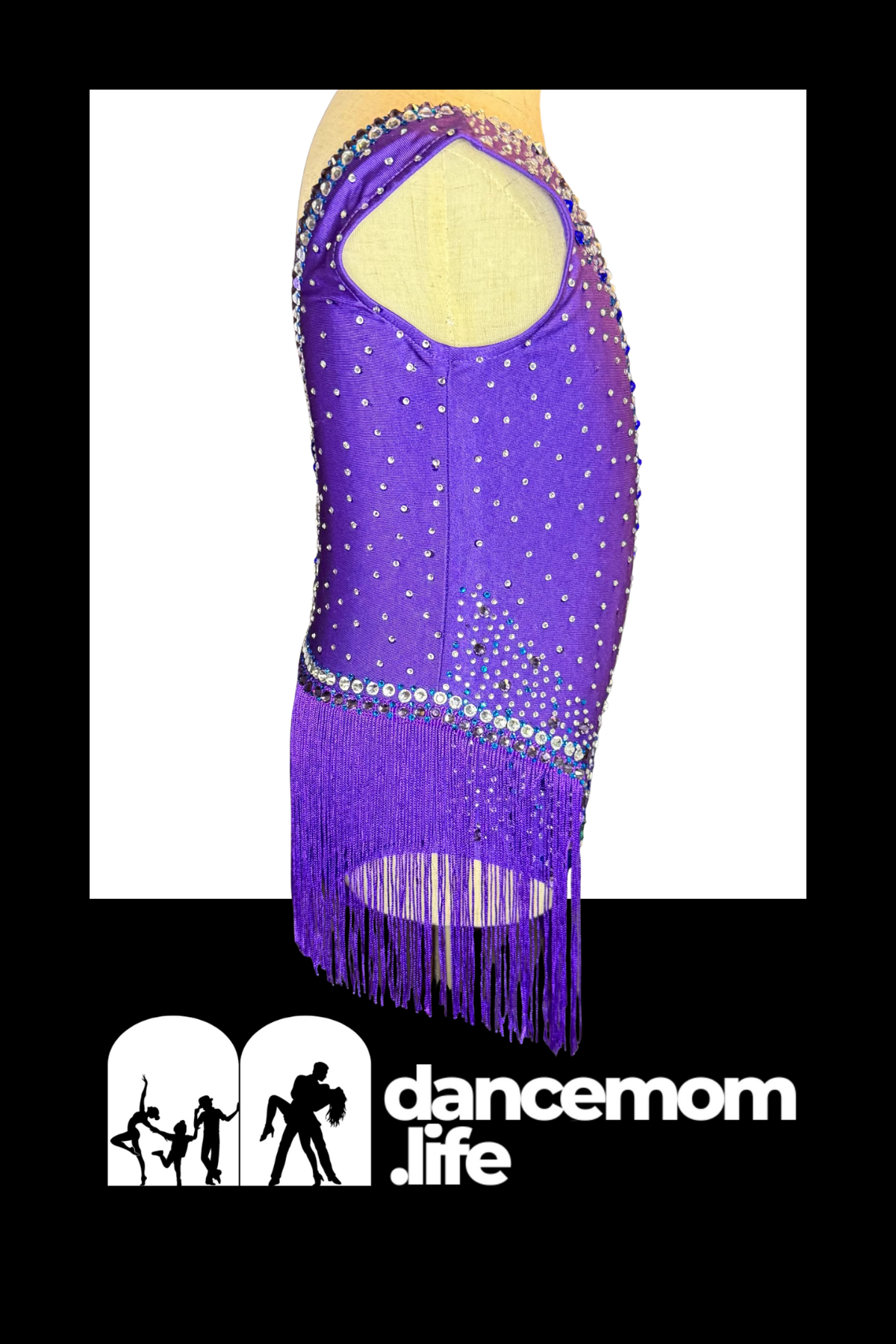 Purple dance dress with sparkling silver sequins and a fringe hem.