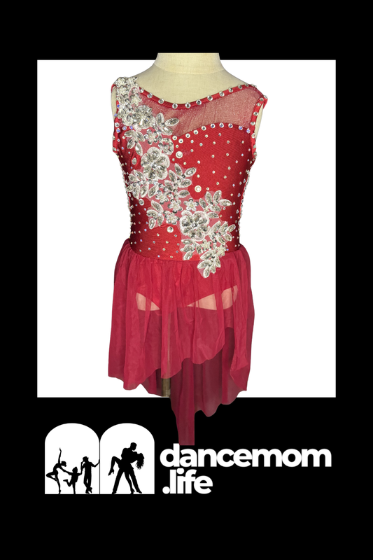 Crimson bloom duet dance costume with vibrant red floral rhinestone leotard and flowing chiffon skirt for girls size 6