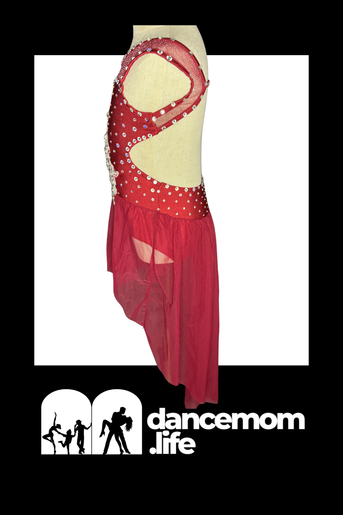 A vibrant red crimson bloom duet dance leotard with floral rhinestone applique and flowing chiffon skirt for girls size 6