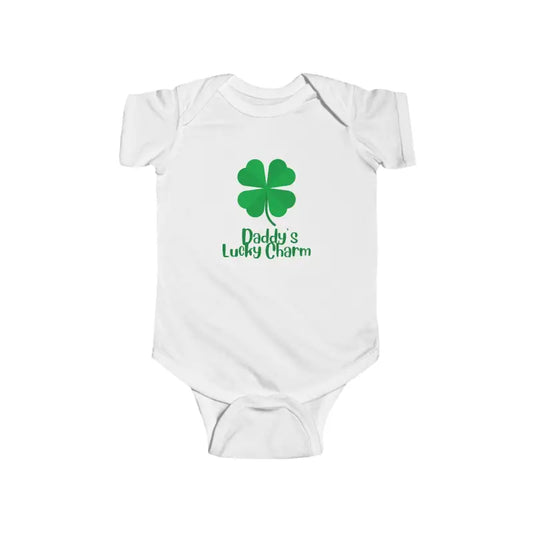 White baby onesie with a green four-leaf clover and ’Daddy’s Lucky Charm’ text.