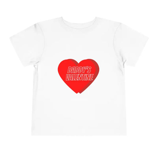 White t-shirt with a red heart and ’DADDY’S VALENTINE’ text printed on it.