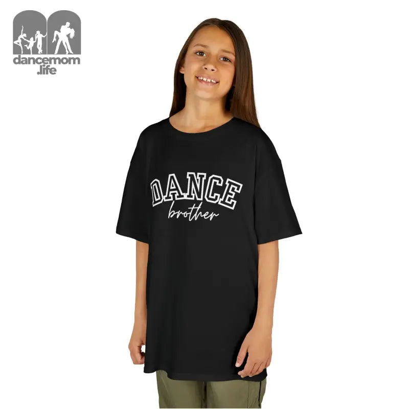 Black t-shirt with ’DANCE brother’ text printed on the front.