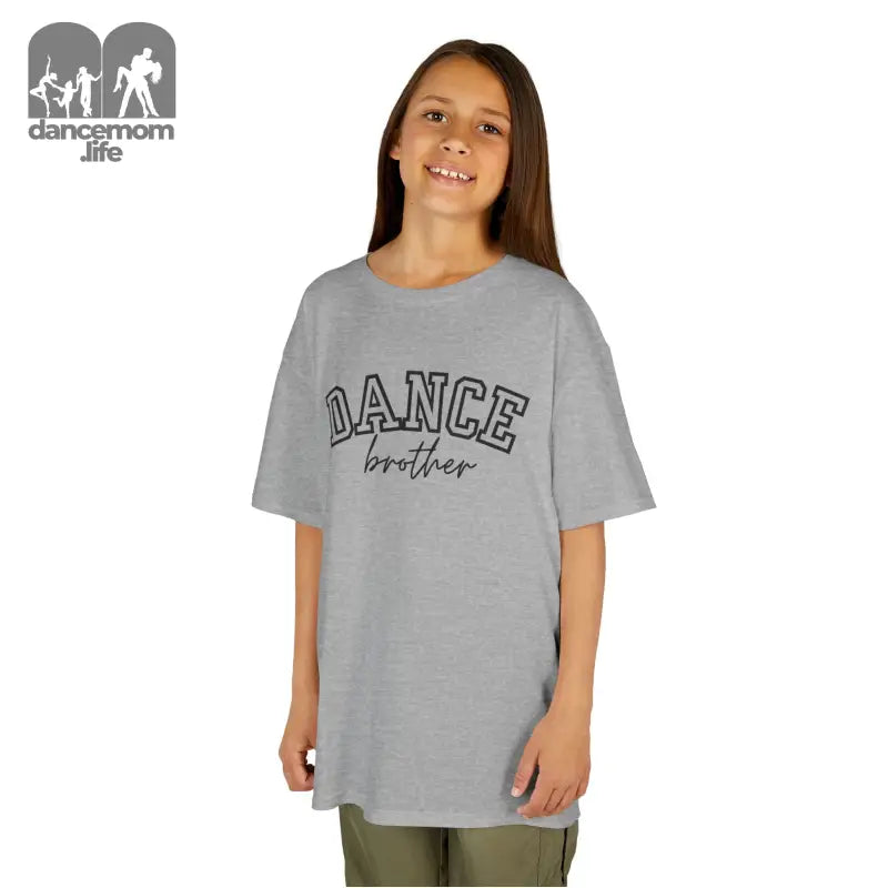 Gray t-shirt with ’DANCE brother’ text printed on the front.