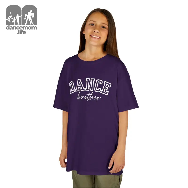 Purple t-shirt with ’DANCE brother’ text printed on the front.