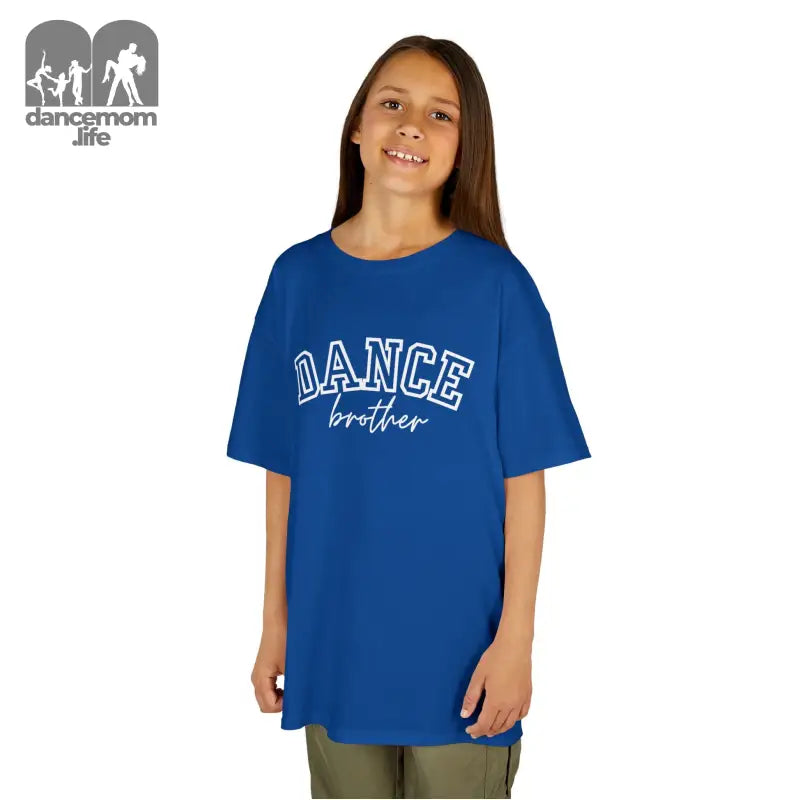 Royal blue t-shirt with ’DANCE brother’ text printed on the front.