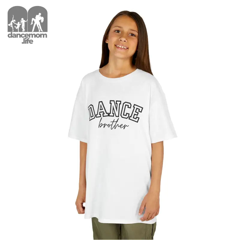 White t-shirt with ’DANCE brother’ text printed on the front.