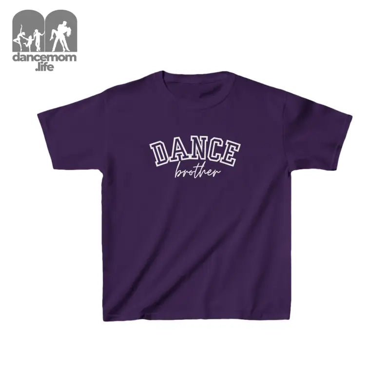 Purple t-shirt with ’DANCE brother’ text printed on the front.