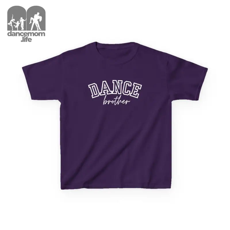 Purple t-shirt with ’DANCE brother’ text in white lettering.