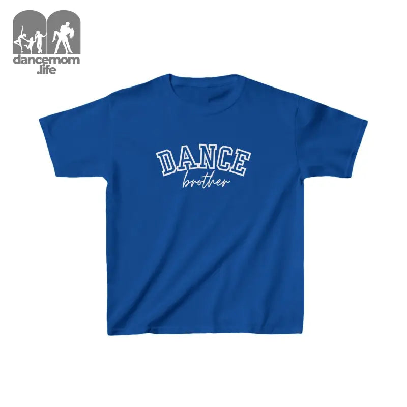 Blue t-shirt with ’DANCE brother’ text printed on the front.