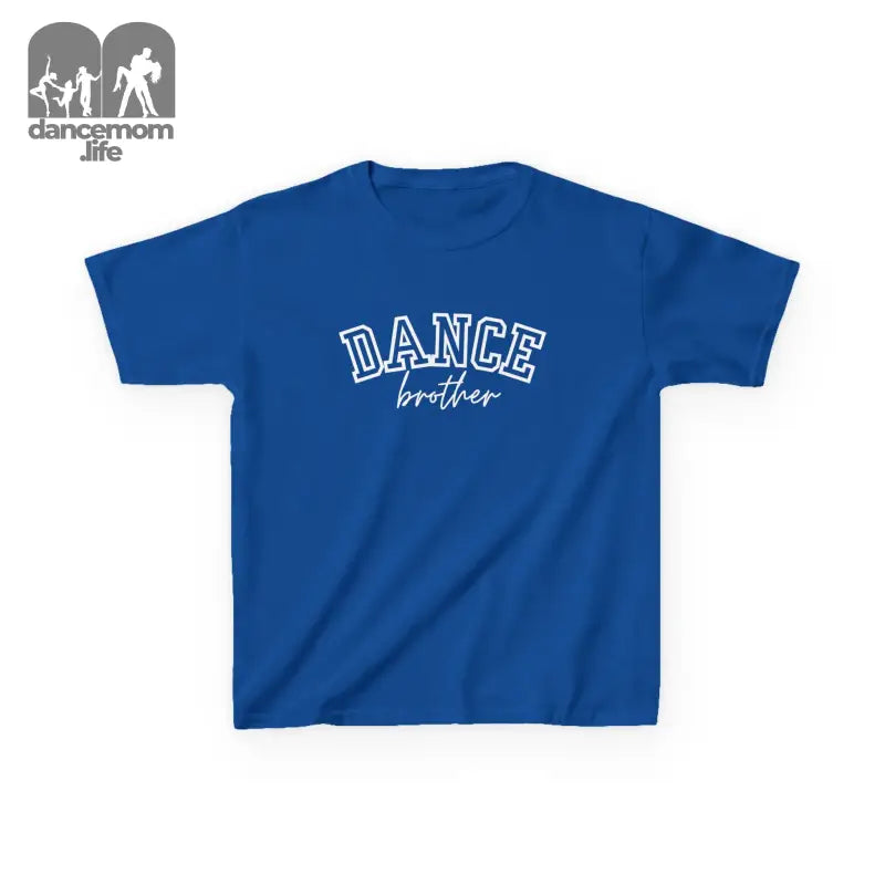 Royal blue t-shirt with ’DANCE brother’ text printed on the front.