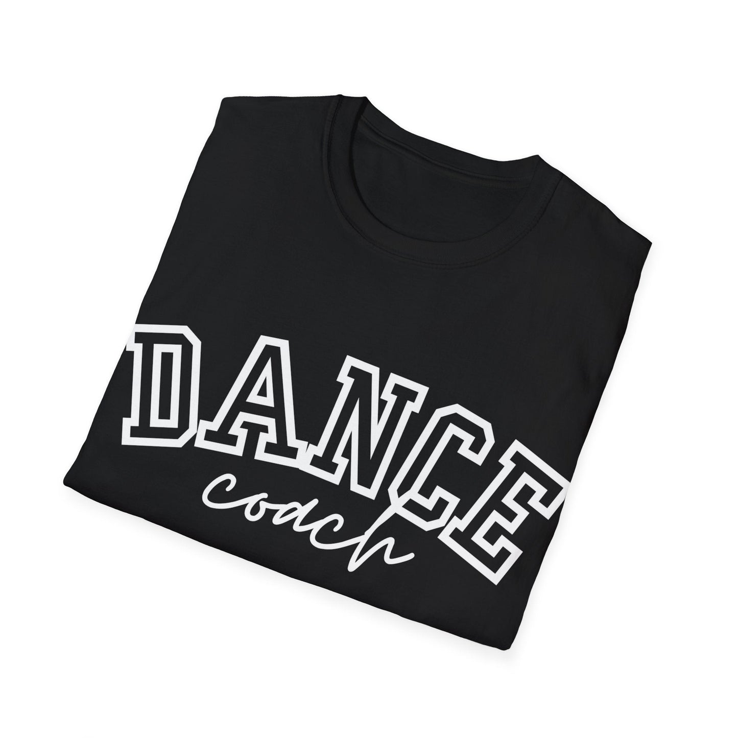 Black cotton t-shirt with ’dance’ in bold white block letters and ’coach’ in a cursive script below.