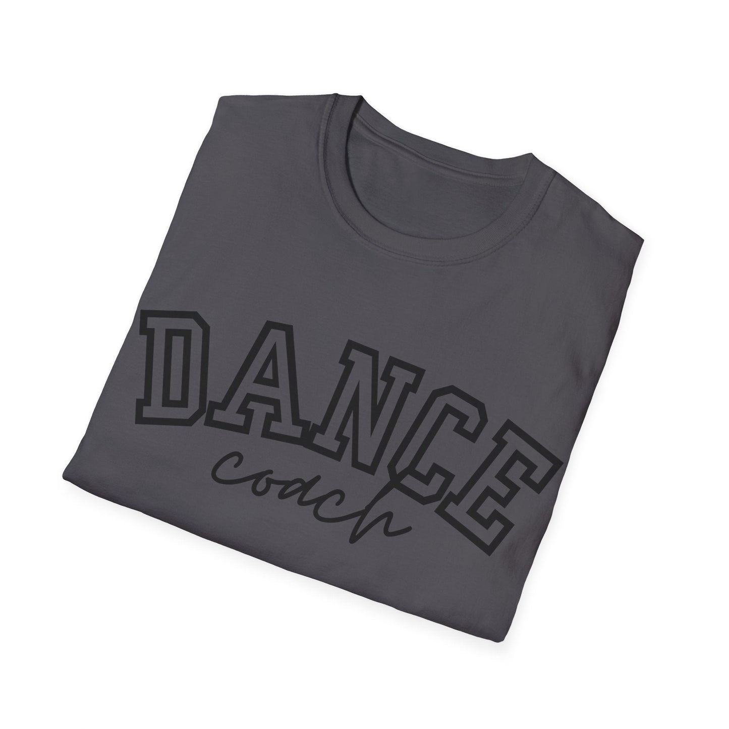 A dark gray cotton t-shirt featuring the words ’dance’ in bold arched lettering above ’coach’ written in a cursive script.