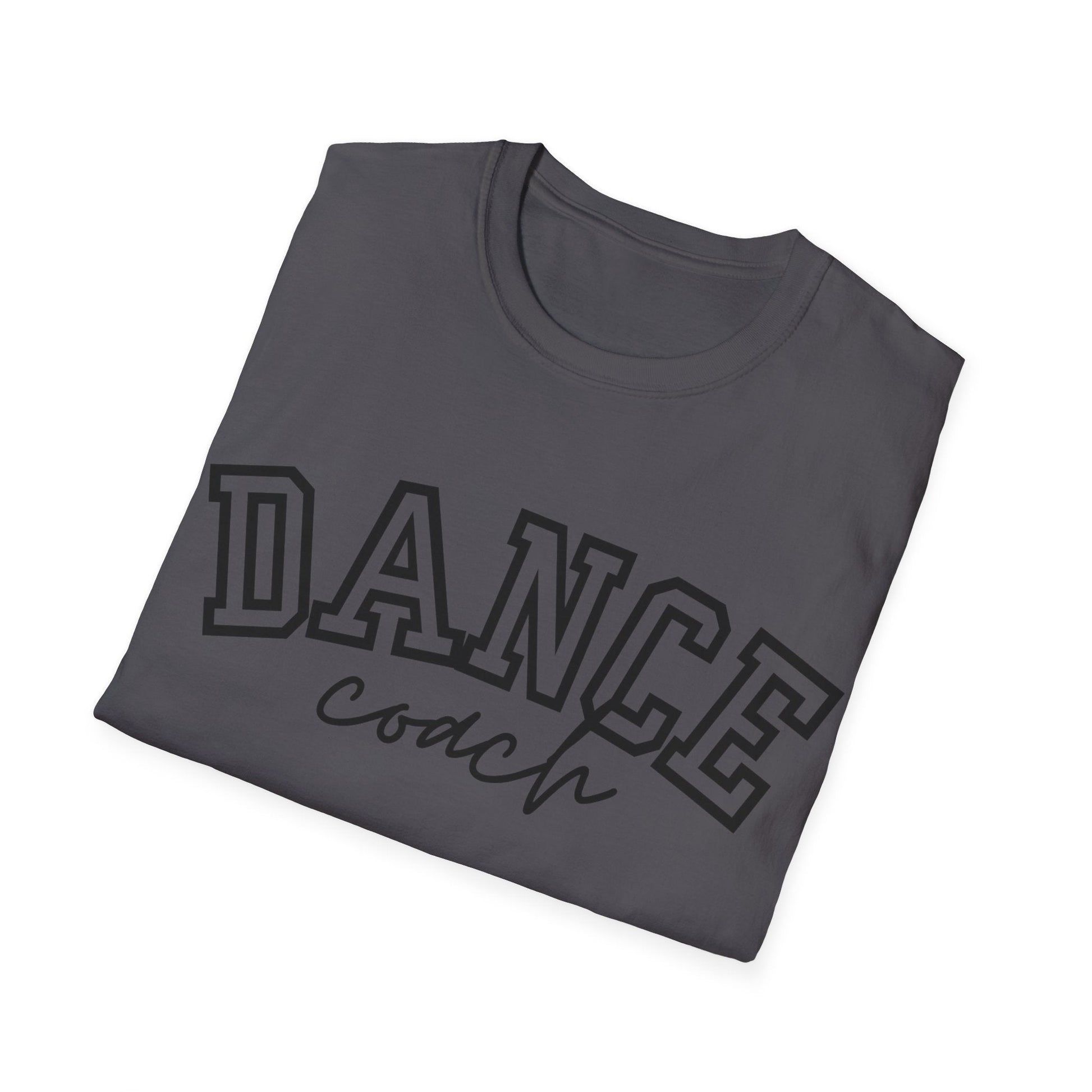 A dark gray cotton t-shirt featuring the words ’dance’ in bold arched lettering above ’coach’ written in a cursive script.