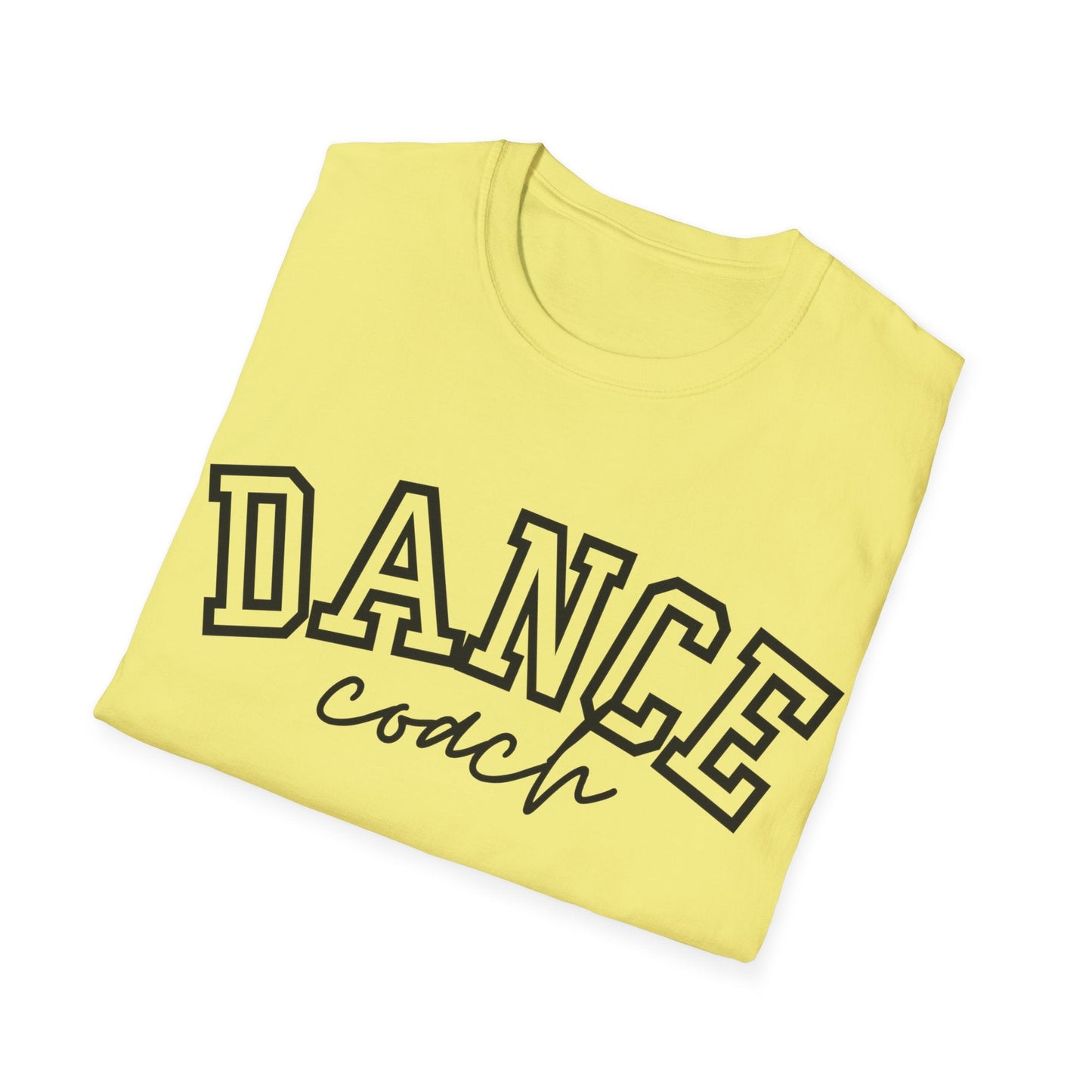 A pale yellow cotton t-shirt featuring bold black lettering that reads ’dance’ in a varsity-style font with the word ’coach’ scripted beneath it.