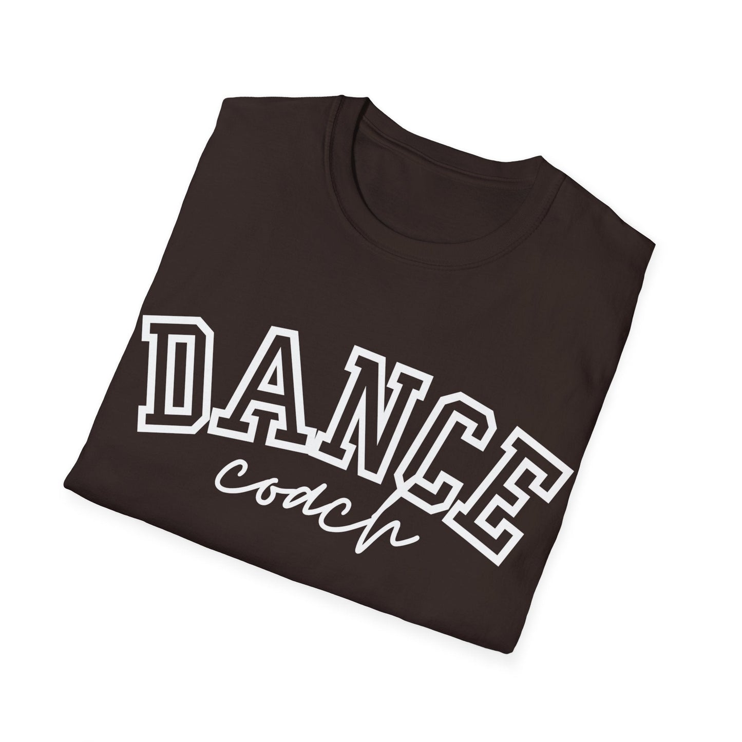 A dark brown cotton t-shirt featuring bold white ’dance’ lettering in a varsity-style font with the word ’coach’ scripted beneath it.