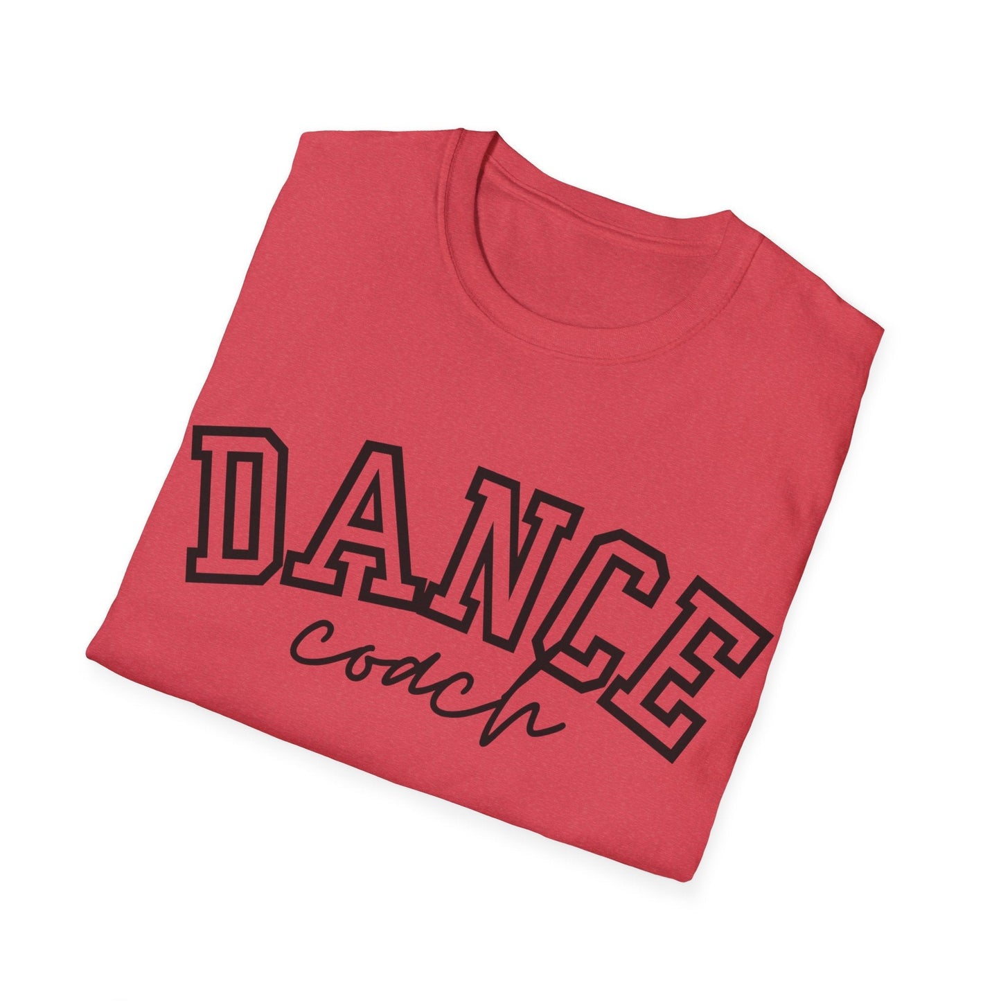 A coral pink cotton t-shirt featuring bold black lettering that reads ’dance’ in a blocky arch and ’coach’ in cursive script beneath it.