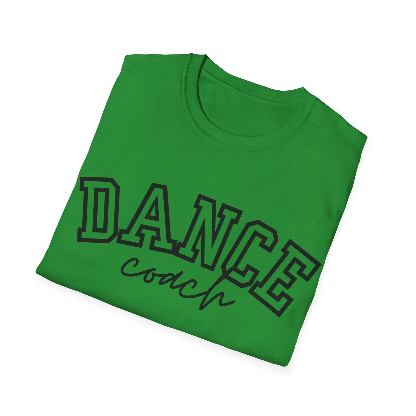 A vibrant green cotton t-shirt featuring bold black lettering that reads ’dance’ in a varsity-style font above the word ’coach’ written in cursive.