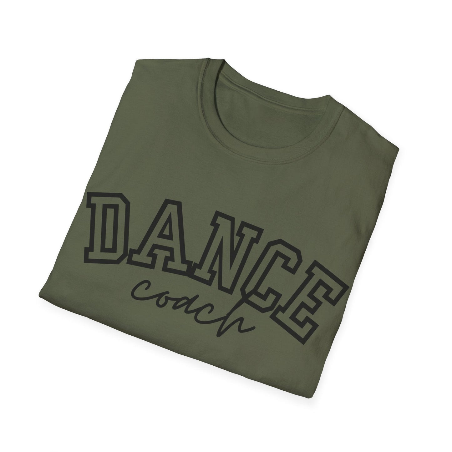 Olive green cotton t-shirt with ’dance’ in bold black varsity-style lettering and ’coach’ scripted below.