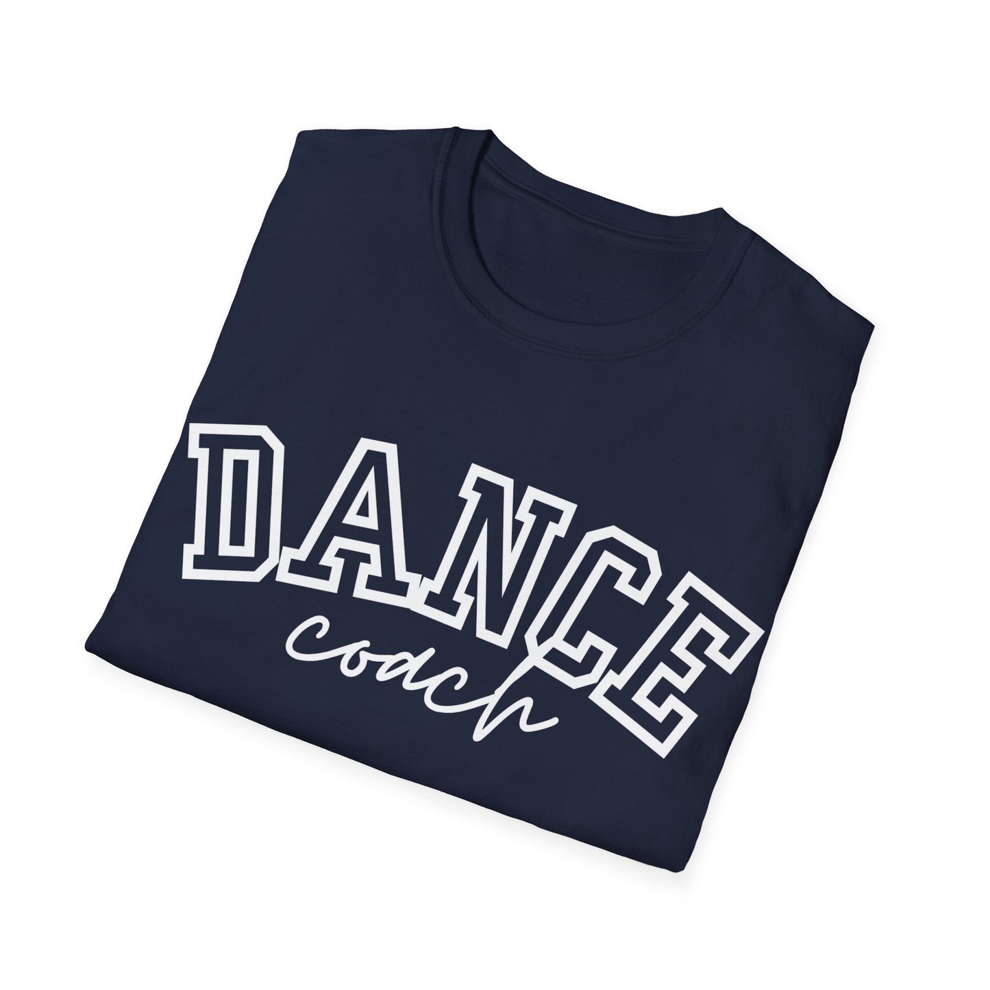 Navy blue cotton t-shirt with ’dance’ in bold white block letters and ’coach’ in cursive script below.