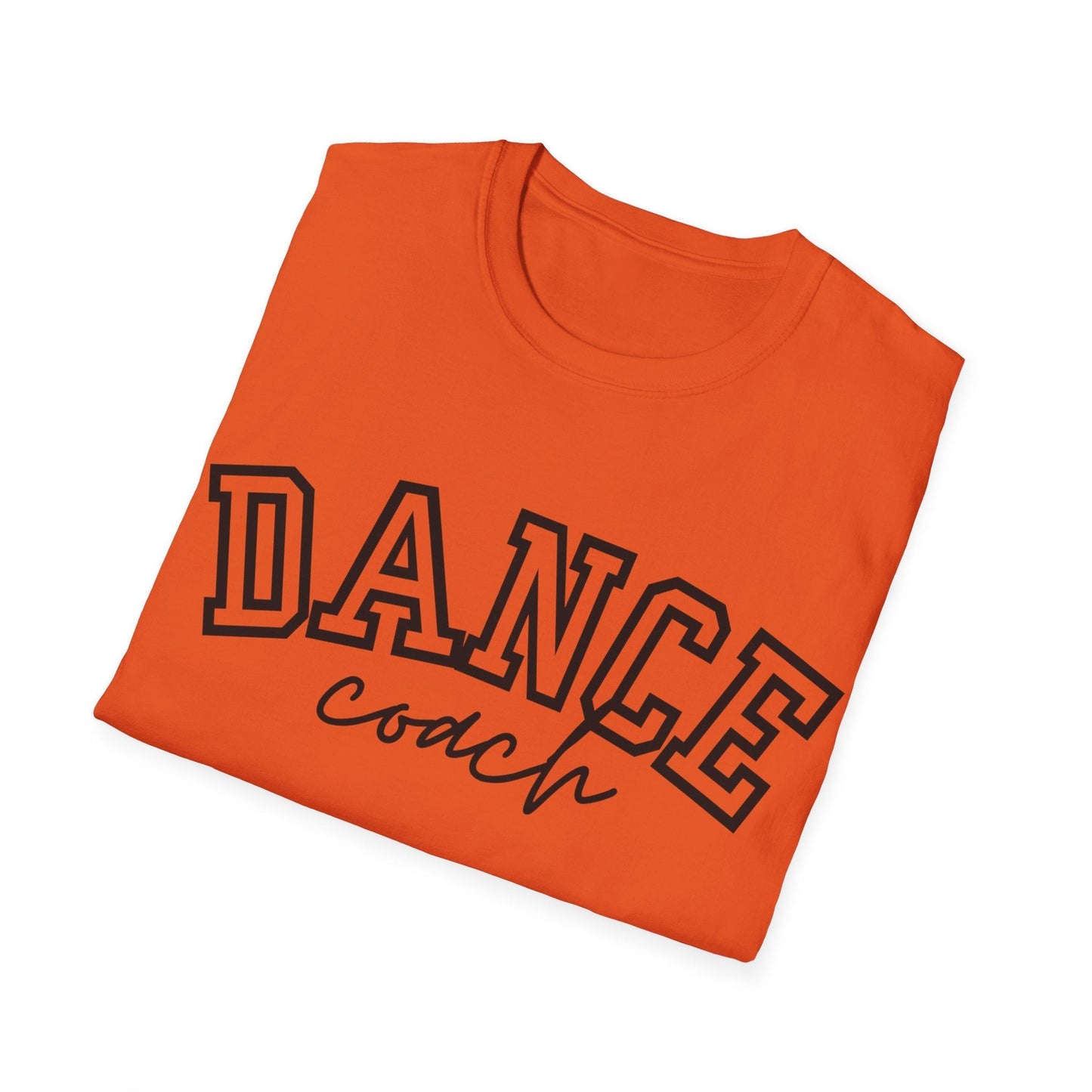 Orange cotton t-shirt with ’dance’ in bold black outlined letters and ’coach’ written below it in a cursive script.