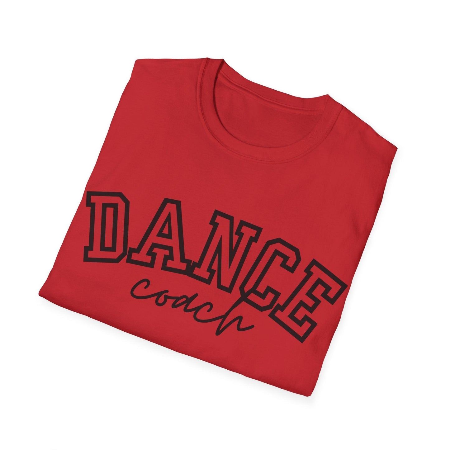 A vibrant red cotton t-shirt featuring bold black lettering that reads ’dance’ in a varsity-style font above the word ’coach’ written in cursive.
