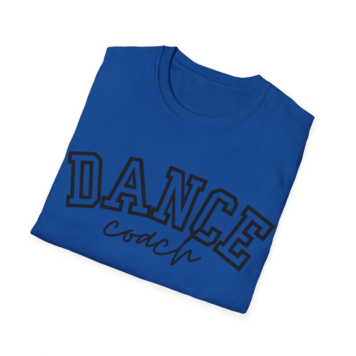 Blue cotton t-shirt with ’dance’ in bold black lettering and ’coach’ scripted below.
