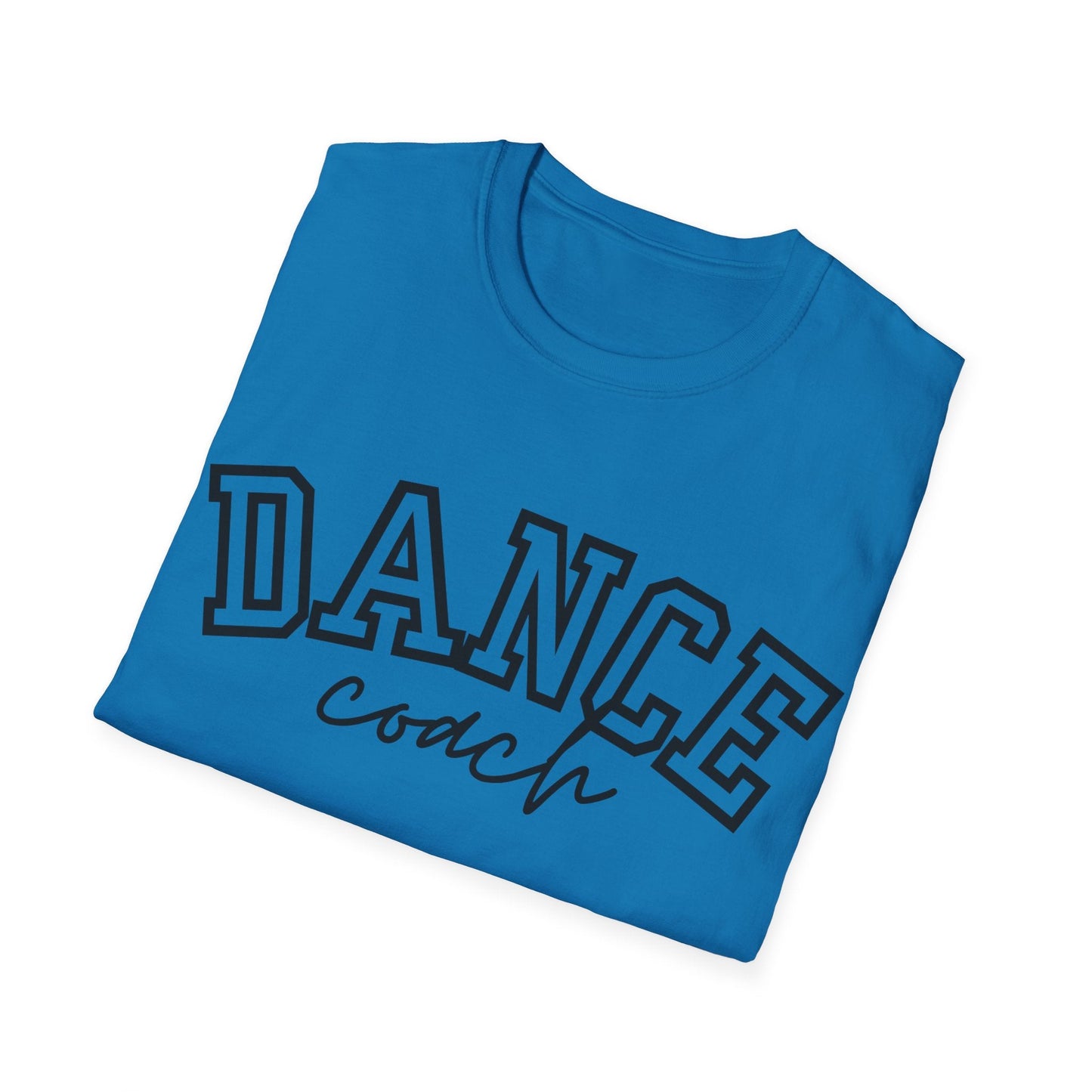 Blue cotton t-shirt with ’dance’ in bold black block letters and ’coach’ written below it in a cursive script.
